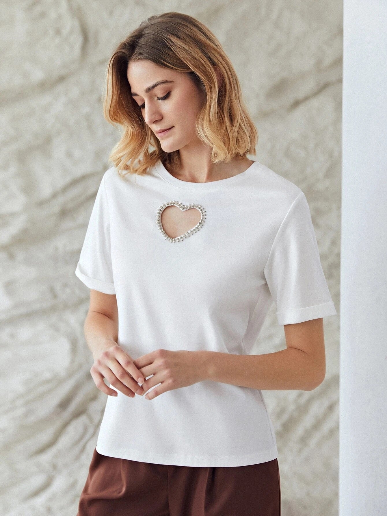 CM-TS603964 Women Casual Seoul Style Round Neck Heart Hollow Out T-Shirt - White