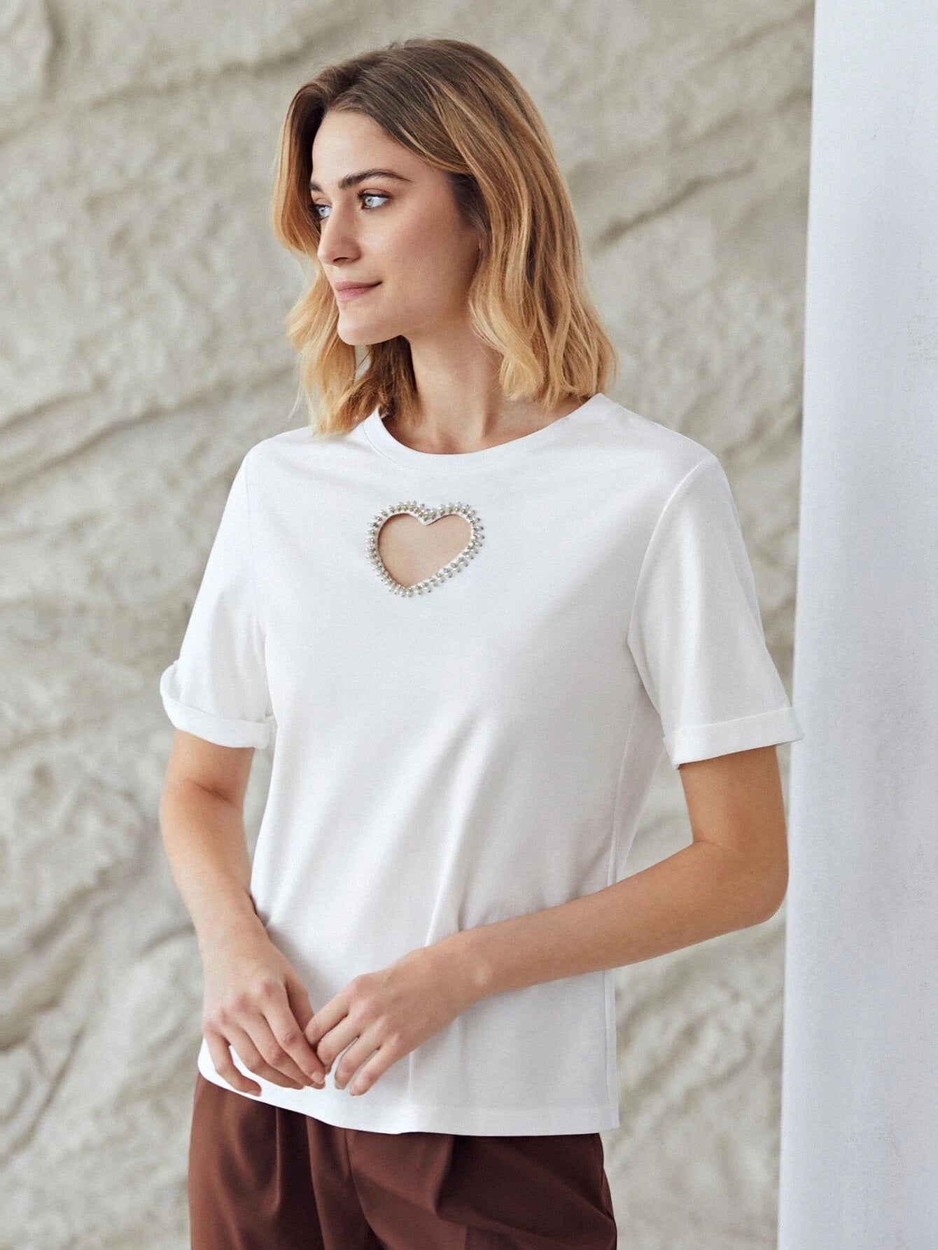CM-TS603964 Women Casual Seoul Style Round Neck Heart Hollow Out T-Shirt - White