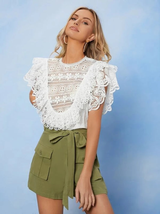 CM-TS627007 Women Trendy Bohemian Style Butterfly Sleeve Lace Top - White