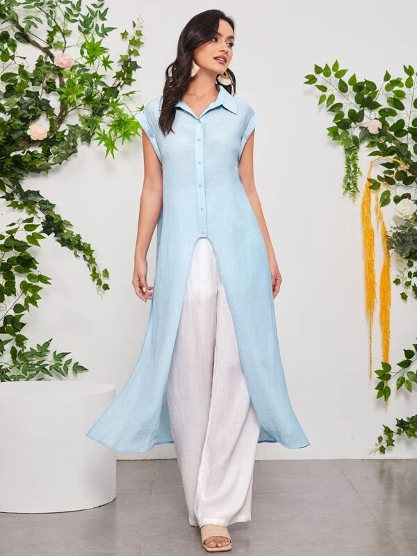 CM-TS114714 Women Casual Seoul Style High Low Roll Up Sleeve Blouse - Baby Blue