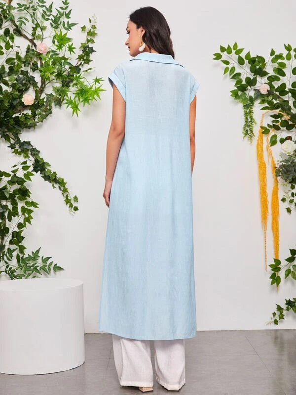 CM-TS114714 Women Casual Seoul Style High Low Roll Up Sleeve Blouse - Baby Blue