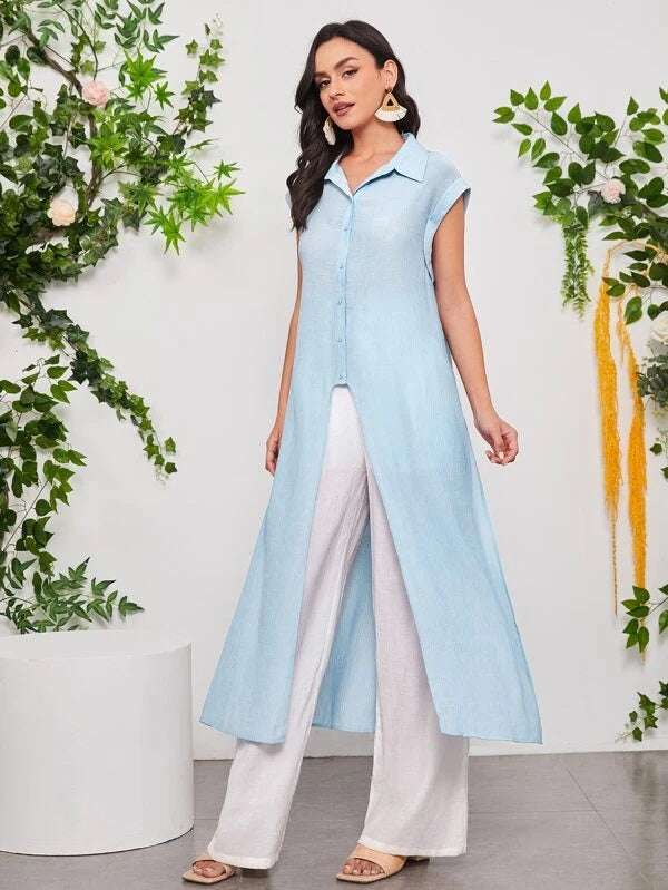 CM-TS114714 Women Casual Seoul Style High Low Roll Up Sleeve Blouse - Baby Blue