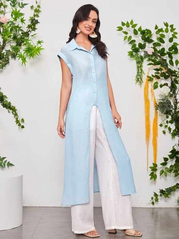 CM-TS114714 Women Casual Seoul Style High Low Roll Up Sleeve Blouse - Baby Blue
