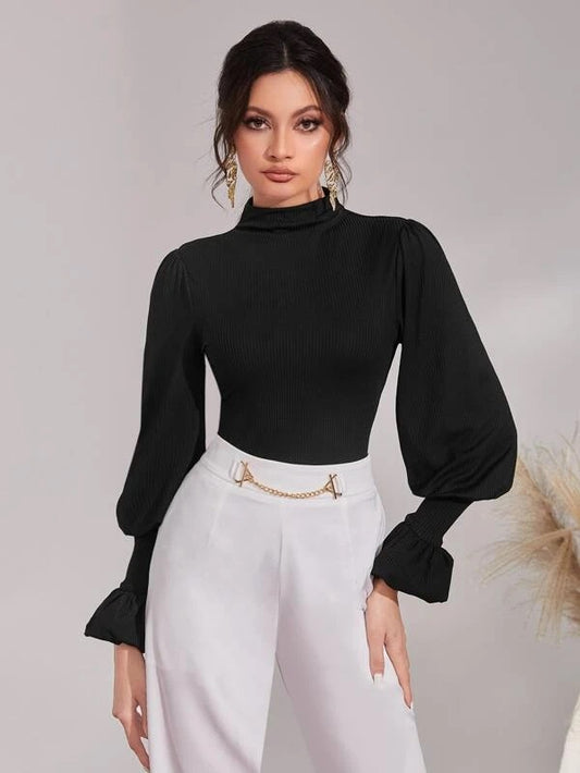 CM-TS488323 Women Casual Seoul Style Ribbed Knit Funnel Neck Flounce Sleeve Tee