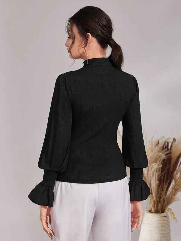 CM-TS488323 Women Casual Seoul Style Ribbed Knit Funnel Neck Flounce Sleeve Tee