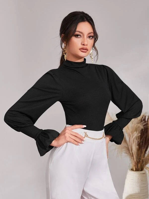 CM-TS488323 Women Casual Seoul Style Ribbed Knit Funnel Neck Flounce Sleeve Tee