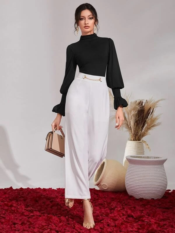 CM-TS488323 Women Casual Seoul Style Ribbed Knit Funnel Neck Flounce Sleeve Tee