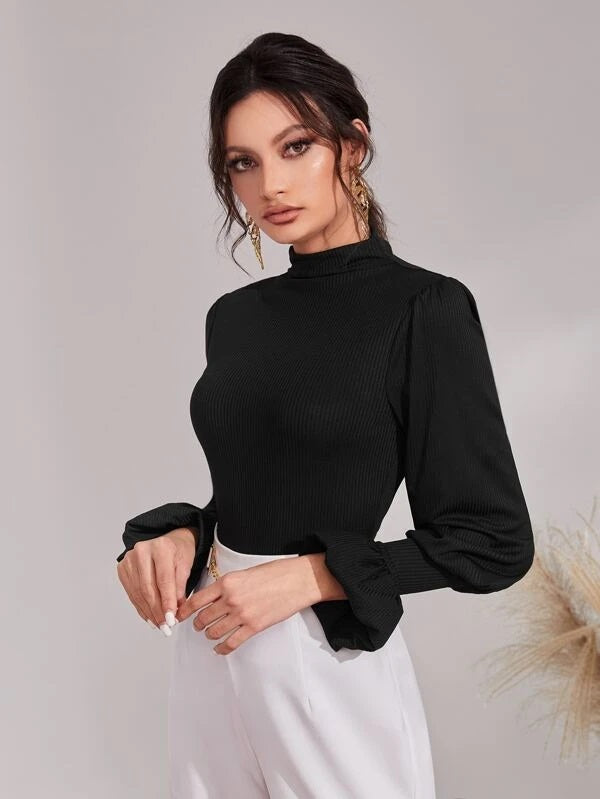 CM-TS488323 Women Casual Seoul Style Ribbed Knit Funnel Neck Flounce Sleeve Tee