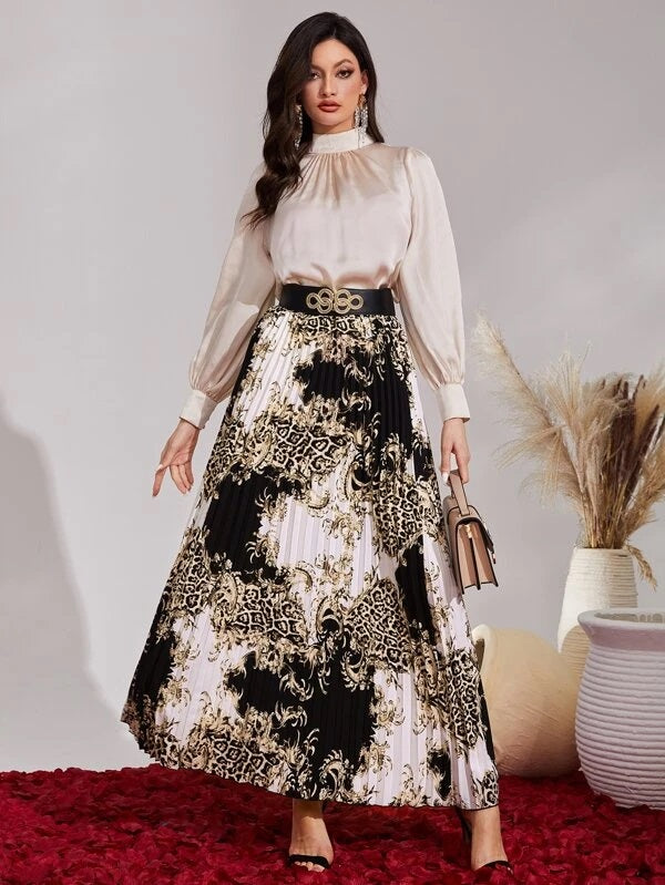 CM-BS833860 Women Elegant Seoul Style High Waist Baroque Print Pleated Skirt