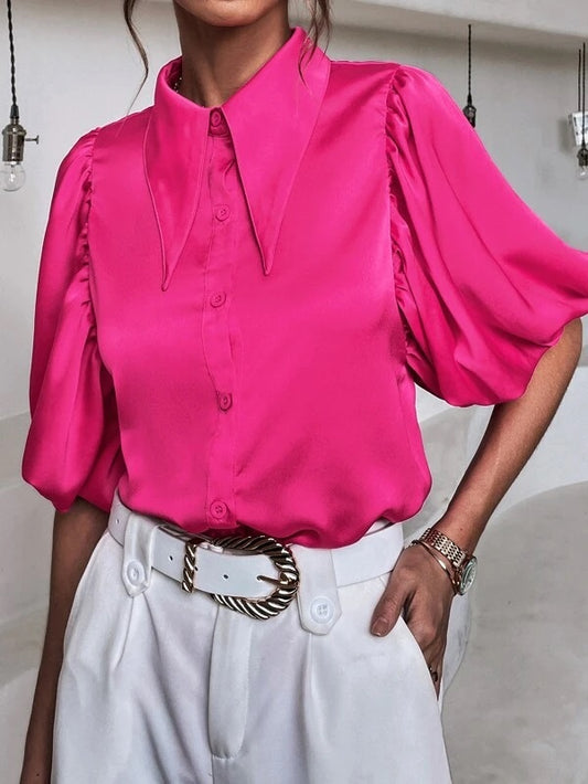 CM-TS077625 Women Casual Seoul Style Button Through Lantern Sleeve Blouse - Hot Pink