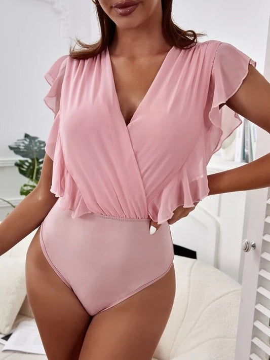 CM-TS972312 Women Casual Seoul Style Deep V-Neck Ruffle Trim Bodysuit - Baby Pink