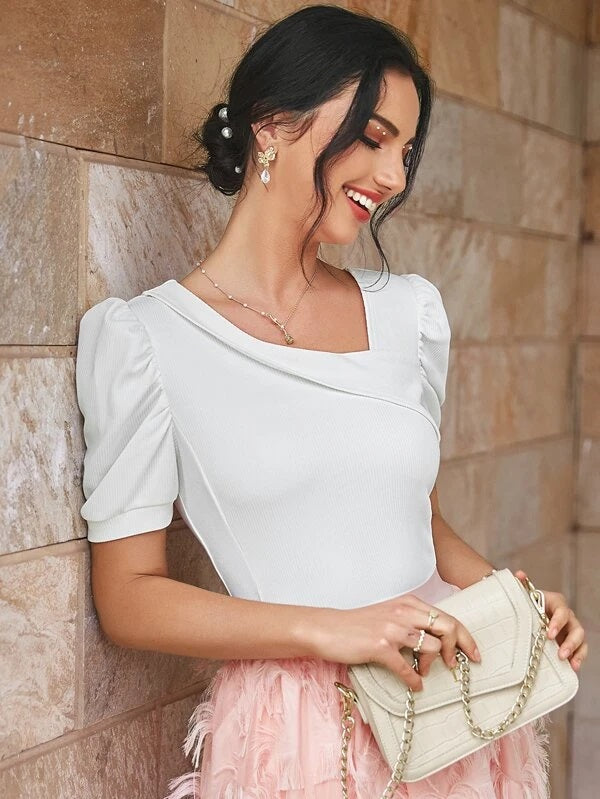 CM-TS731817 Women Elegant Seoul Style Asymmetrical Neck Puff Sleeve Tee - White