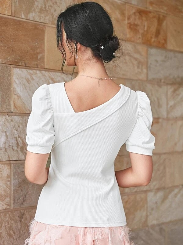 CM-TS731817 Women Elegant Seoul Style Asymmetrical Neck Puff Sleeve Tee - White