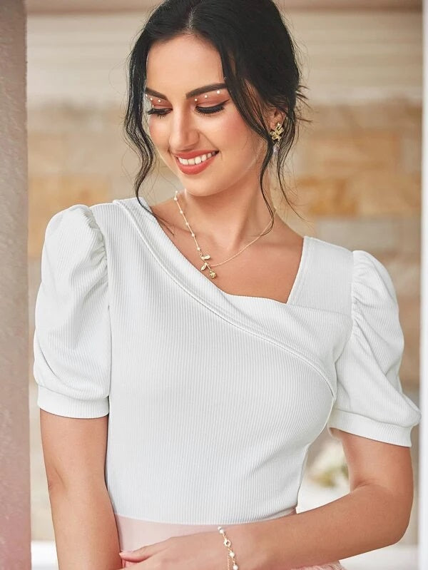 CM-TS731817 Women Elegant Seoul Style Asymmetrical Neck Puff Sleeve Tee - White