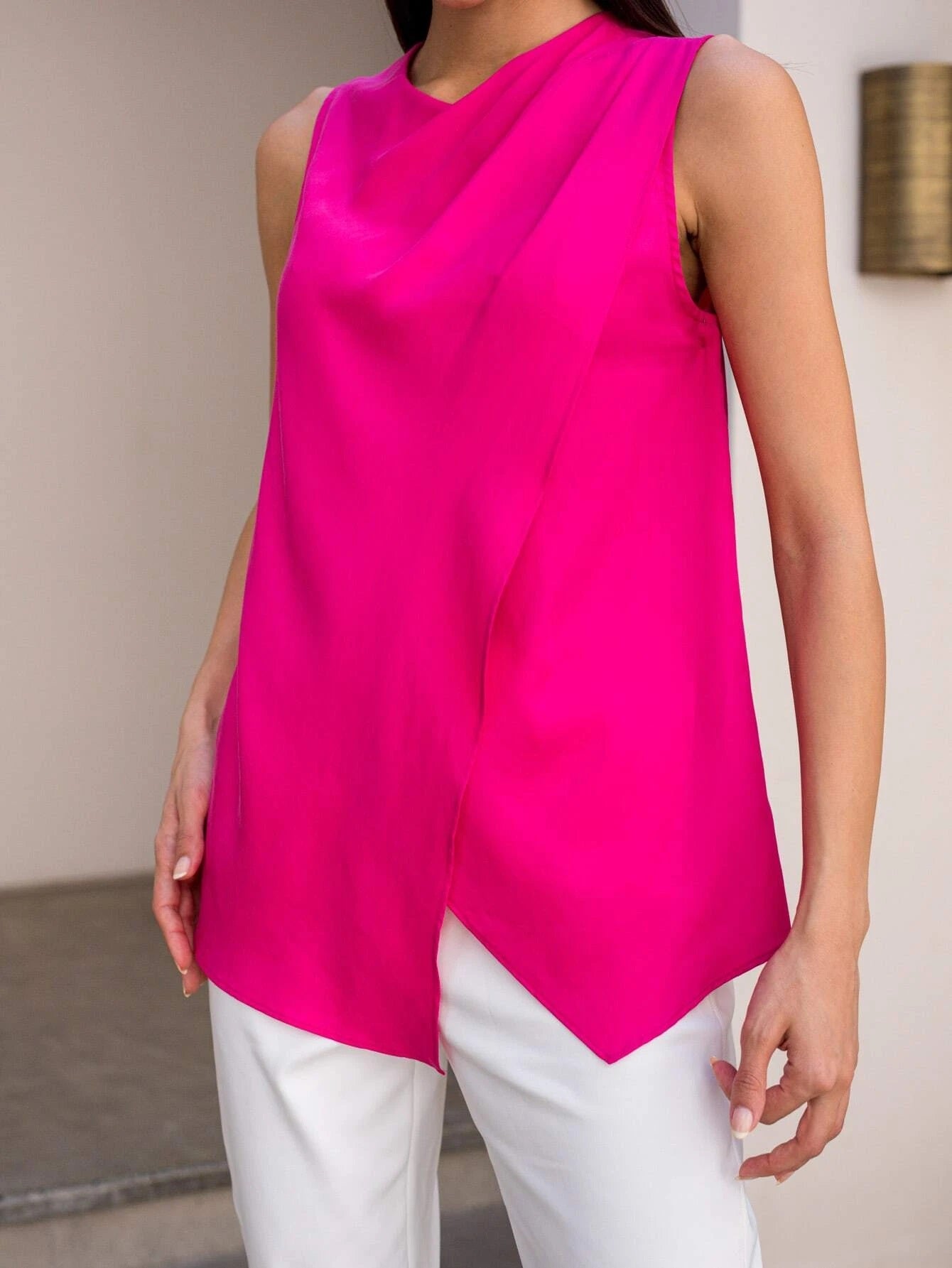 CM-TS193648 Women Elegant Seoul Style Sleeveless Draped Asymmetrical Top - Hot Pink