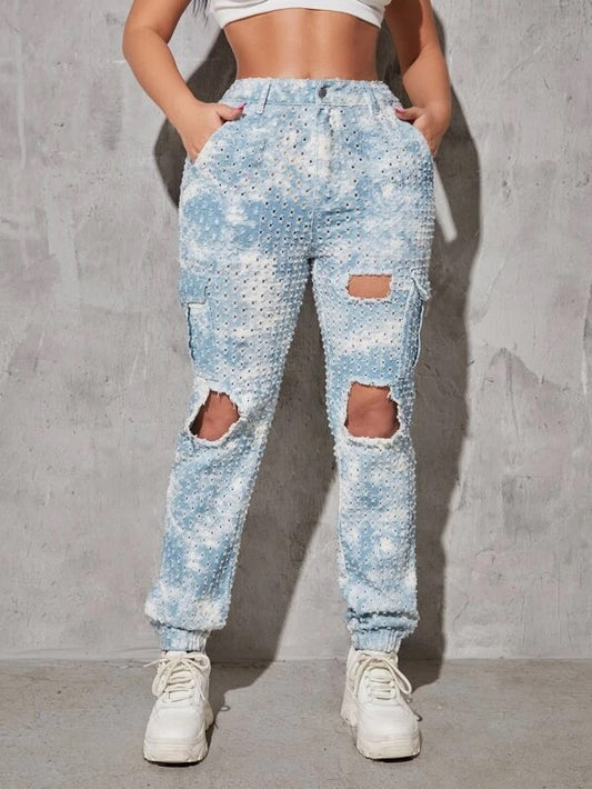 CM-BS435757 Women Casual Seoul Style Tie Dye Ripped Raw Trim Flap Pocket Cargo Jeans