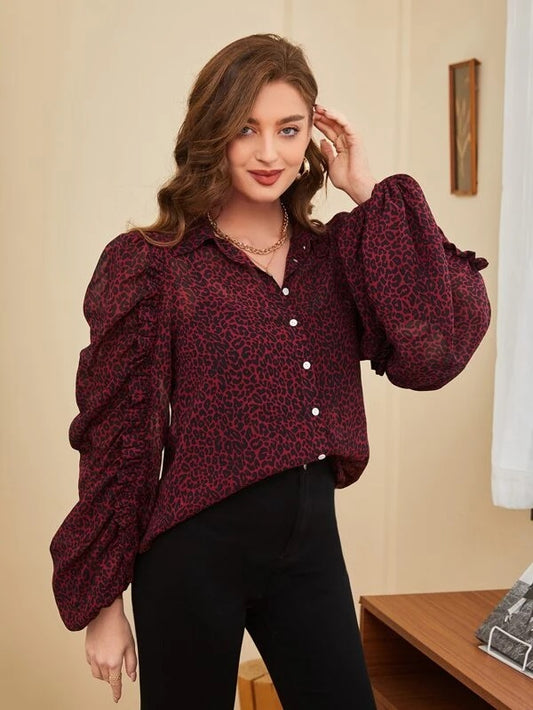 CM-TS021806 Women Elegant Seoul Style Leopard Print Lantern Sleeve Blouse