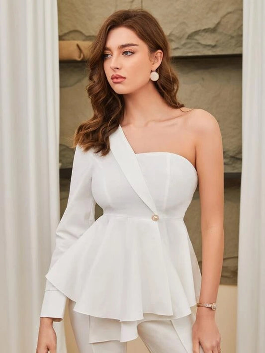 CM-TS012308 Women Elegant Seoul Style One Shoulder Single Button Peplum Blouse - White