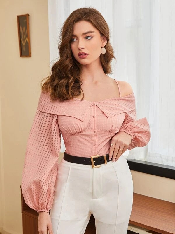 CM-TS846810 Women Casual Seoul Style Cold Shoulder Lantern Sleeve Blouse - Baby Pink