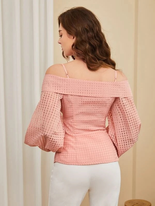 CM-TS846810 Women Casual Seoul Style Cold Shoulder Lantern Sleeve Blouse - Baby Pink