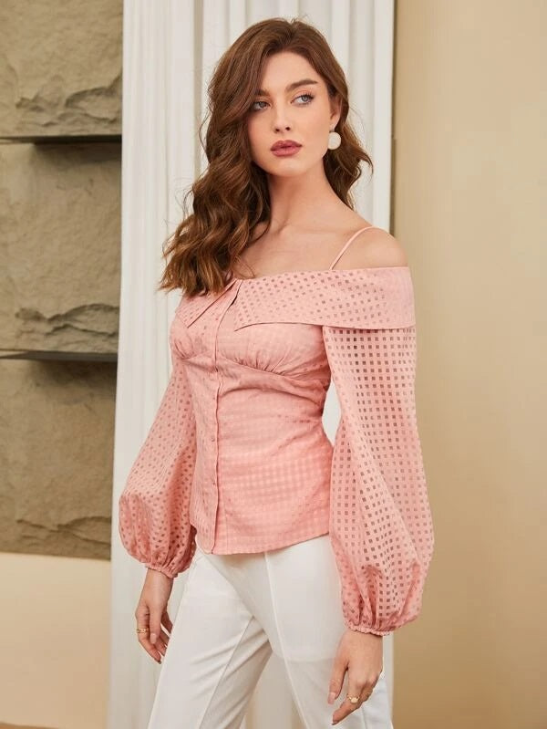 CM-TS846810 Women Casual Seoul Style Cold Shoulder Lantern Sleeve Blouse - Baby Pink