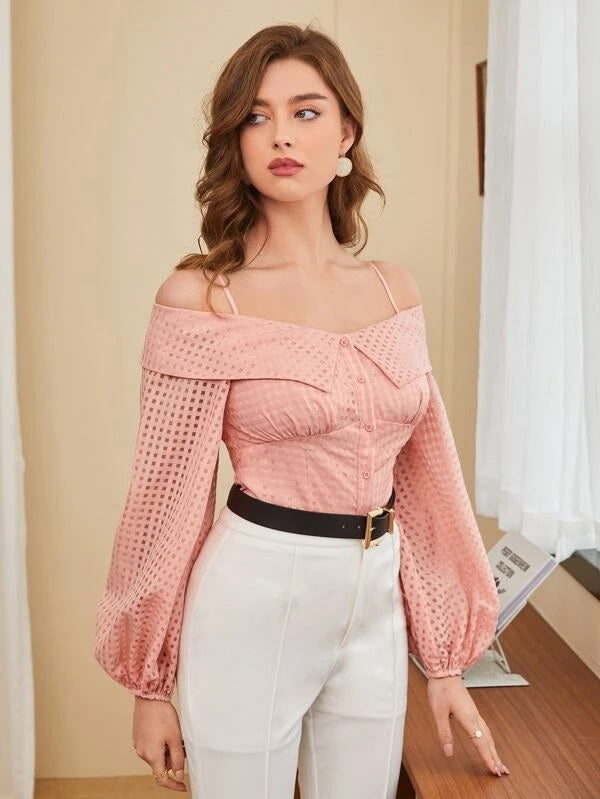 CM-TS846810 Women Casual Seoul Style Cold Shoulder Lantern Sleeve Blouse - Baby Pink