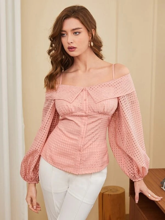 CM-TS846810 Women Casual Seoul Style Cold Shoulder Lantern Sleeve Blouse - Baby Pink