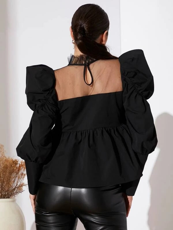 CM-TS581059 Women Elegant Seoul Style Mock Neck Knot Contrast Mesh Ruffle Hem Blouse
