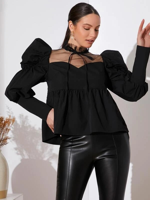 CM-TS581059 Women Elegant Seoul Style Mock Neck Knot Contrast Mesh Ruffle Hem Blouse
