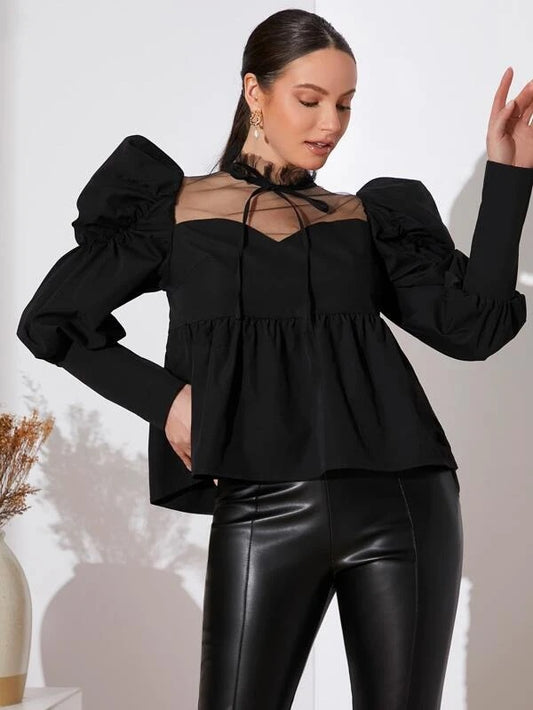 CM-TS581059 Women Elegant Seoul Style Mock Neck Knot Contrast Mesh Ruffle Hem Blouse