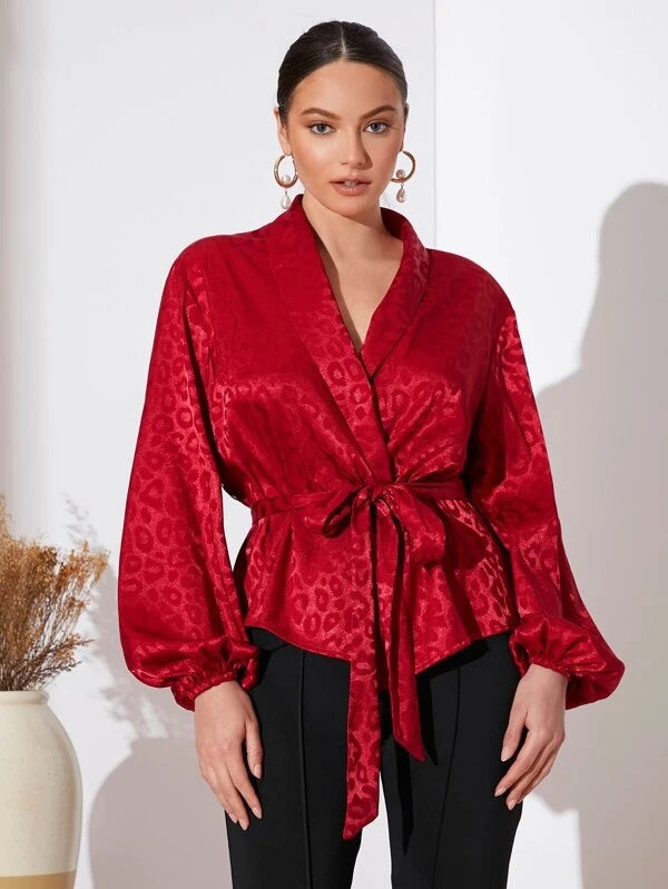 CM-TS926393 Women Elegant Seoul Style Leopard Print Bishop Sleeve Belt Blouse - Red