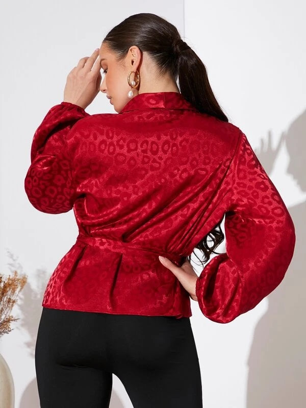 CM-TS926393 Women Elegant Seoul Style Leopard Print Bishop Sleeve Belt Blouse - Red