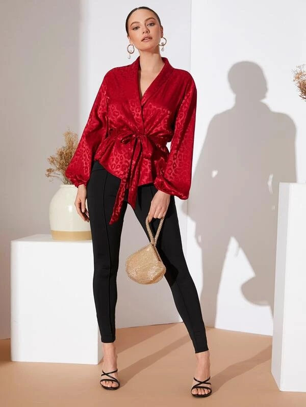 CM-TS926393 Women Elegant Seoul Style Leopard Print Bishop Sleeve Belt Blouse - Red