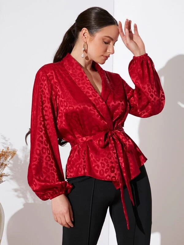 CM-TS926393 Women Elegant Seoul Style Leopard Print Bishop Sleeve Belt Blouse - Red