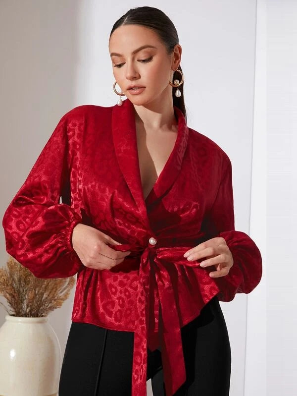 CM-TS926393 Women Elegant Seoul Style Leopard Print Bishop Sleeve Belt Blouse - Red