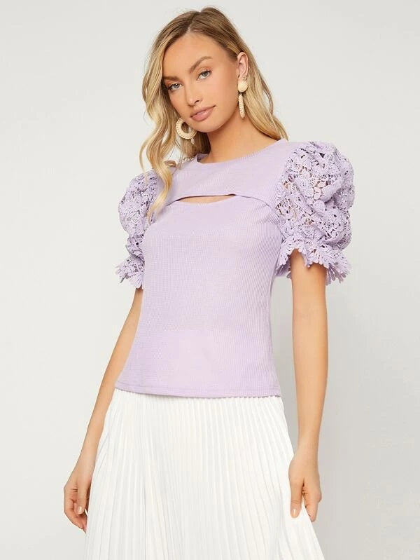 CM-TS444333 Women Casual Seoul Style Contrast Guipure Lace Puff Sleeve Cut Out Tee