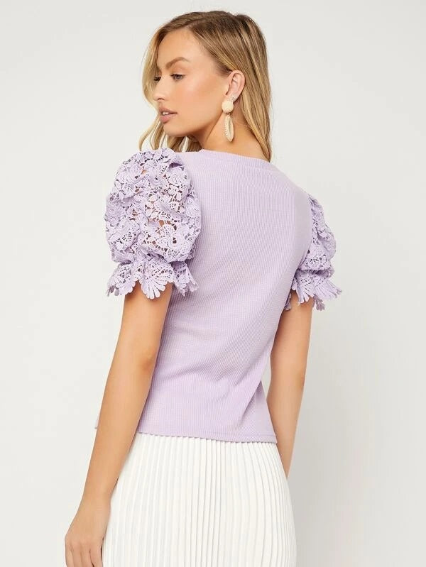 CM-TS444333 Women Casual Seoul Style Contrast Guipure Lace Puff Sleeve Cut Out Tee