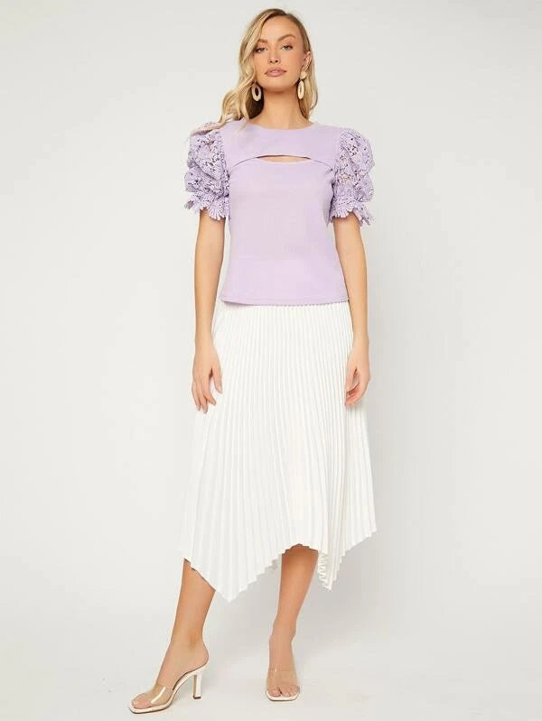 CM-TS444333 Women Casual Seoul Style Contrast Guipure Lace Puff Sleeve Cut Out Tee
