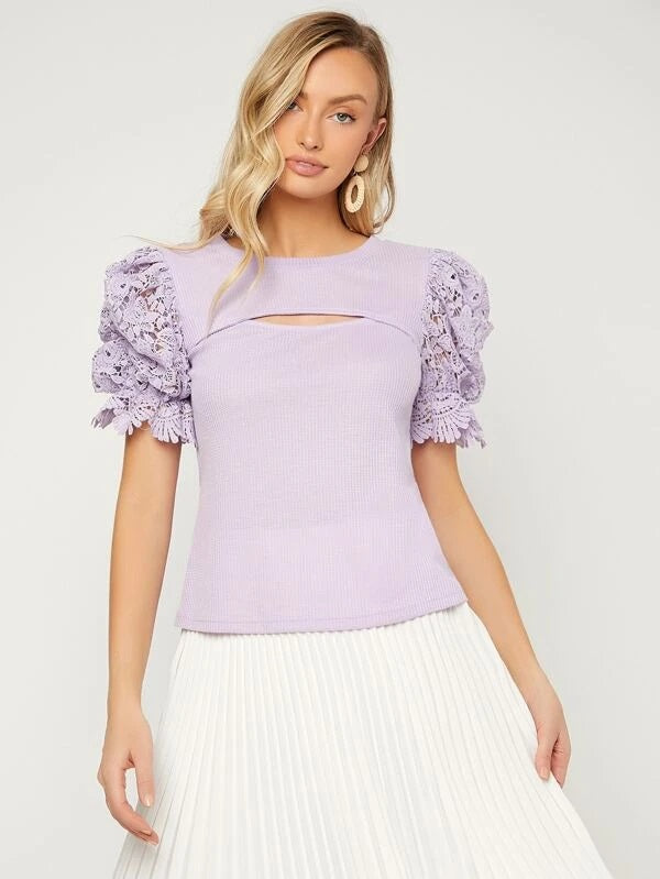 CM-TS444333 Women Casual Seoul Style Contrast Guipure Lace Puff Sleeve Cut Out Tee