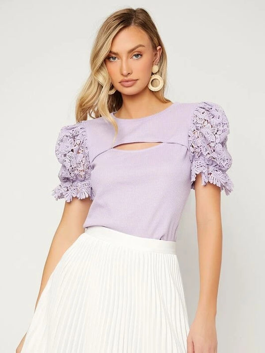 CM-TS444333 Women Casual Seoul Style Contrast Guipure Lace Puff Sleeve Cut Out Tee