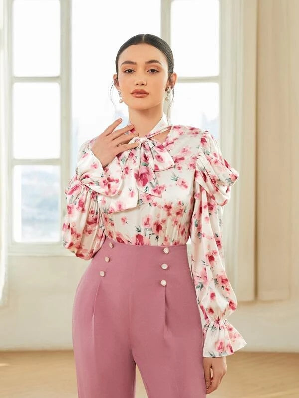 CM-TS699883 Women Elegant Seoul Style Long Sleeve Floral Print Tie Neck Blouse