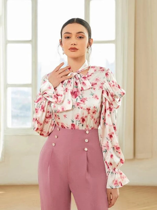 CM-TS699883 Women Elegant Seoul Style Long Sleeve Floral Print Tie Neck Blouse