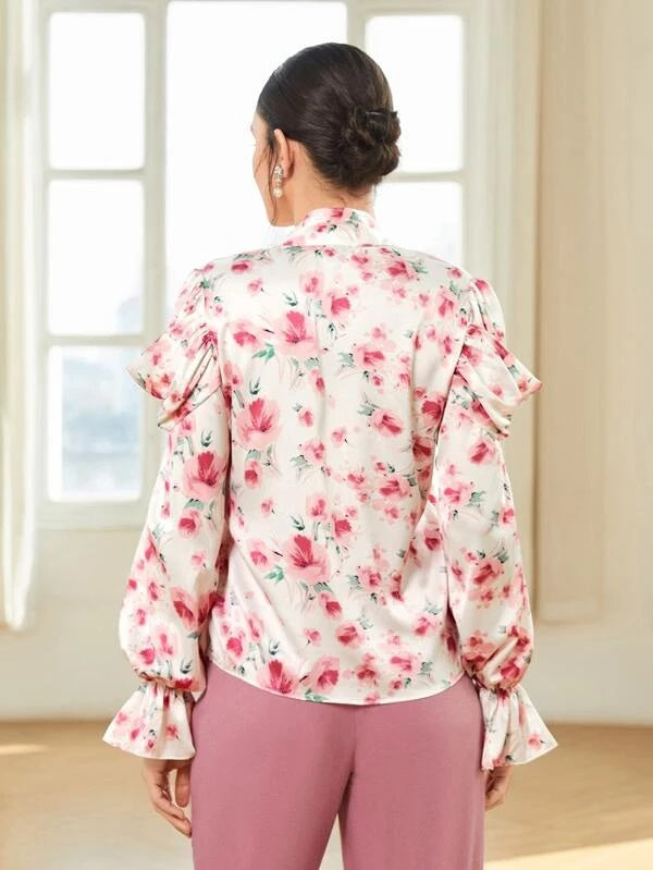 CM-TS699883 Women Elegant Seoul Style Long Sleeve Floral Print Tie Neck Blouse