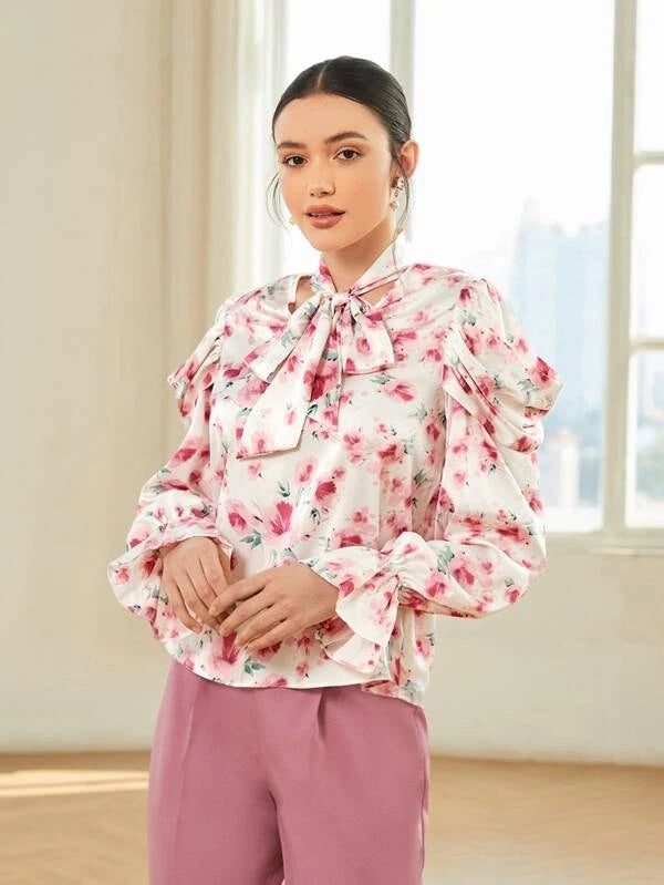 CM-TS699883 Women Elegant Seoul Style Long Sleeve Floral Print Tie Neck Blouse