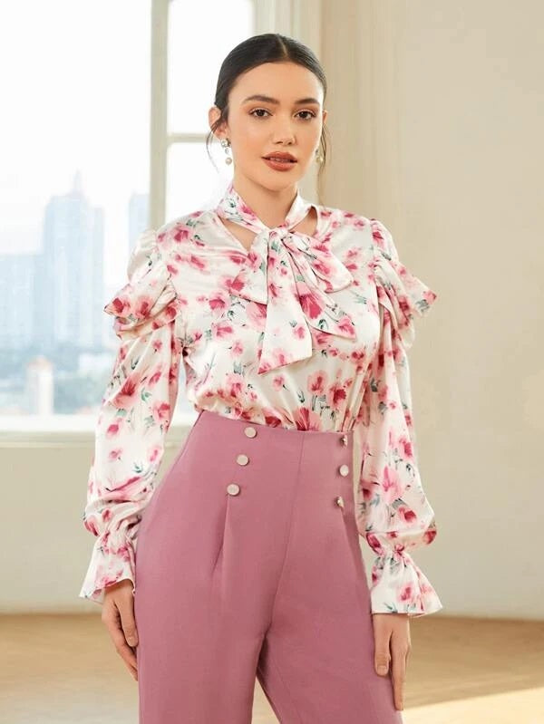 CM-TS699883 Women Elegant Seoul Style Long Sleeve Floral Print Tie Neck Blouse