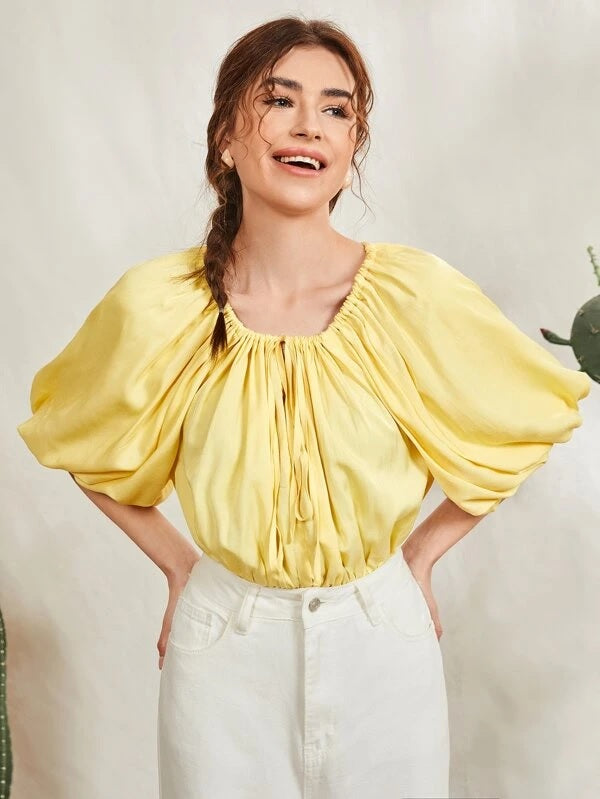 CM-TS791665 Women Casual Seoul Style Ruched Knot Front Lantern Sleeve Bodysuit - Yellow