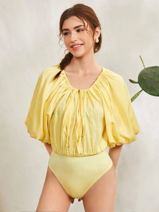 CM-TS791665 Women Casual Seoul Style Ruched Knot Front Lantern Sleeve Bodysuit - Yellow