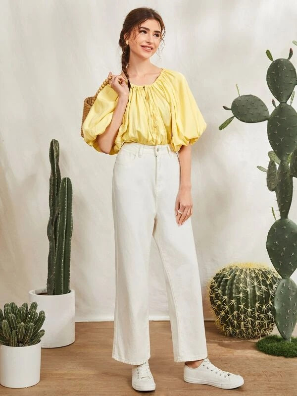 CM-TS791665 Women Casual Seoul Style Ruched Knot Front Lantern Sleeve Bodysuit - Yellow