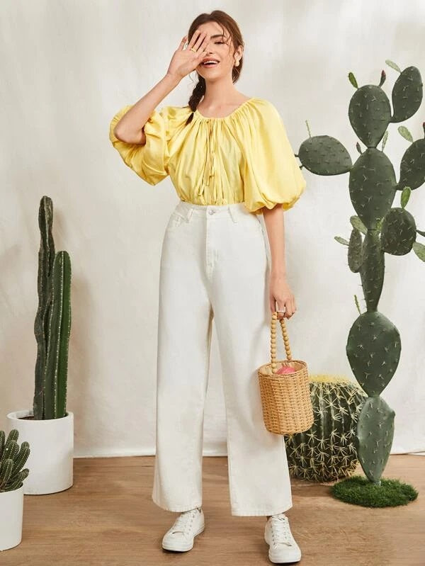 CM-TS791665 Women Casual Seoul Style Ruched Knot Front Lantern Sleeve Bodysuit - Yellow