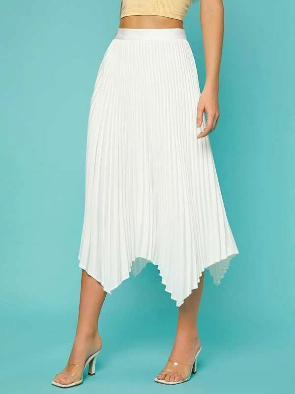 CM-BS176643 Women Casual Seoul Style Solid Asymmetrical Hem Pleated Skirt - White